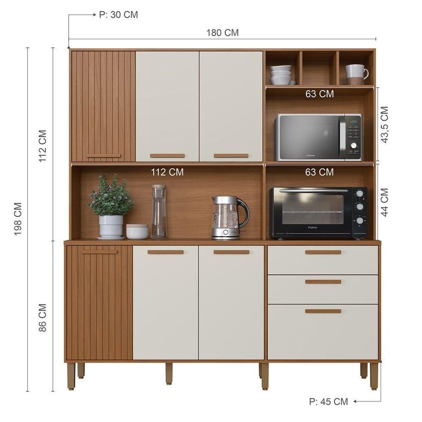 Kit Cozinha Grécia 7 Portas 2 Gavetas MDP 180cm Off White e Freijó Indékes - imagem 5
