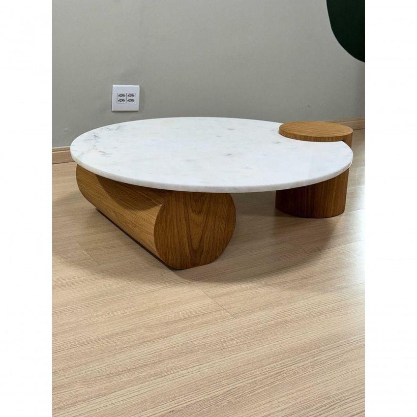 Mesa De Centro Orbita Redonda Vidro Madeira Maciça 60cm Branco - imagem 3