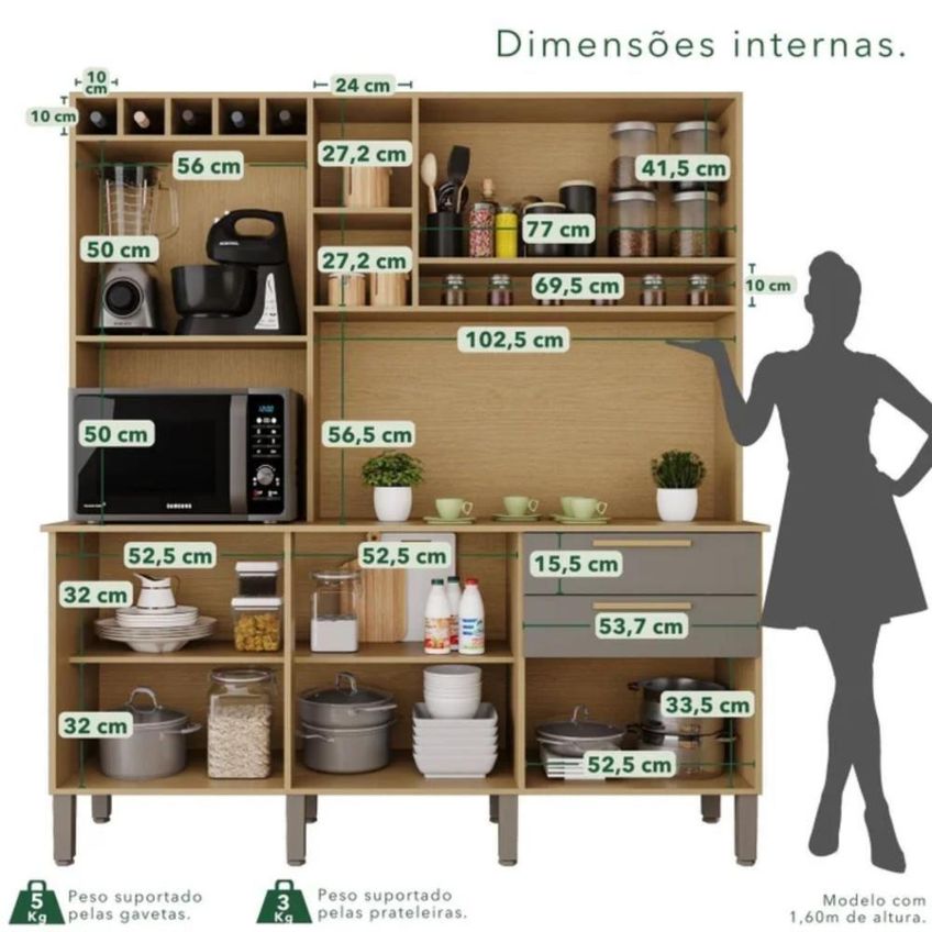 Armário De Cozinha Florença 6 Portas 2 Gavetas Mdf 165cm Topázio - imagem 3