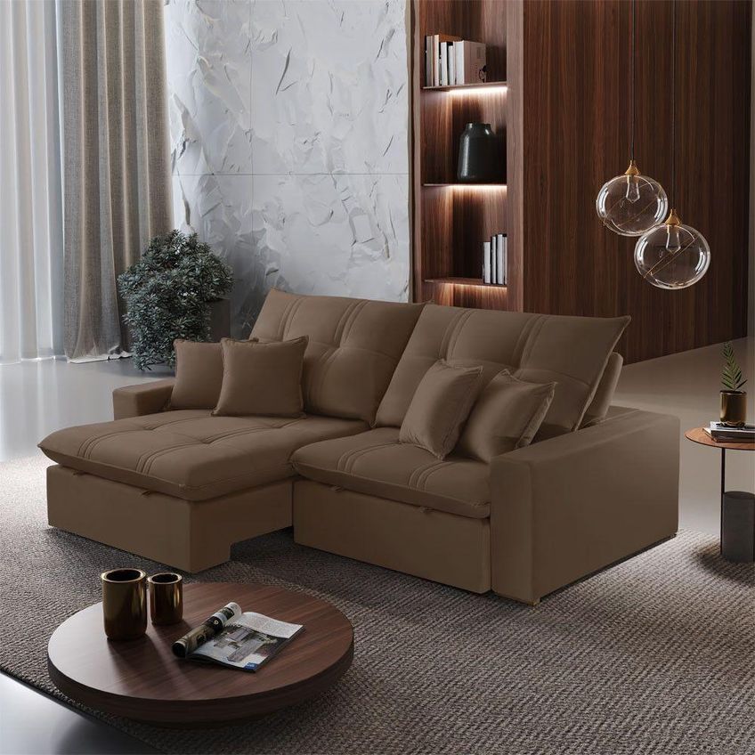 Sofá Com Chaise B016 3 Lugares Retrátil E Reclinável 230cm Marrom Veludo - imagem 4