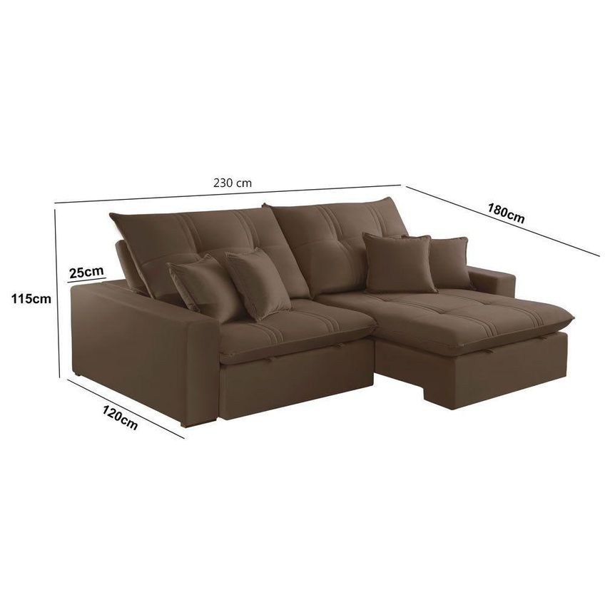 Sofá Com Chaise B016 3 Lugares Retrátil E Reclinável 230cm Marrom Veludo - imagem 5