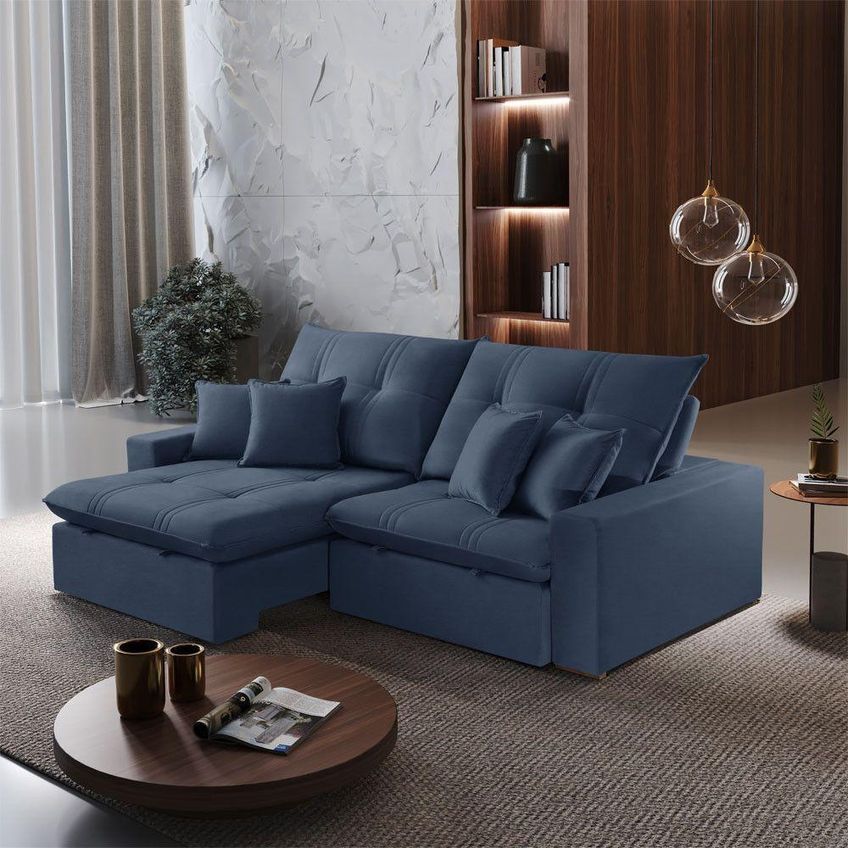 Sofá Com Chaise A259 4 Lugares Retrátil E Reclinável 290cm Azul Linho - imagem 3
