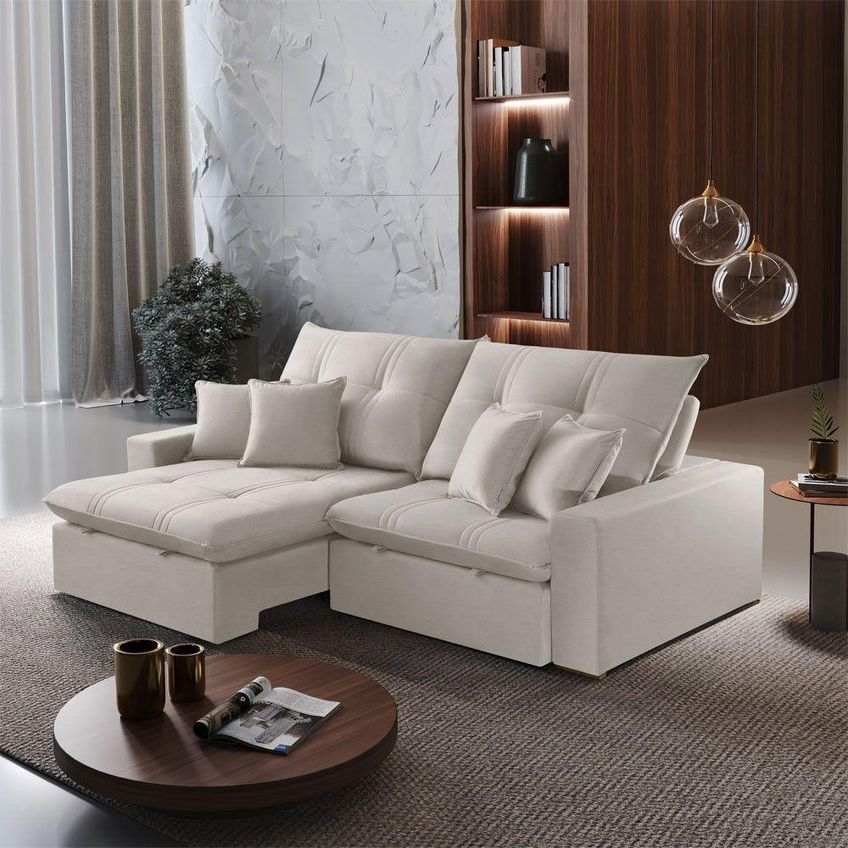 Sofá Com Chaise A302 3 Lugares Retrátil 250cm Branco Linho Meu Sofá Online - imagem 3