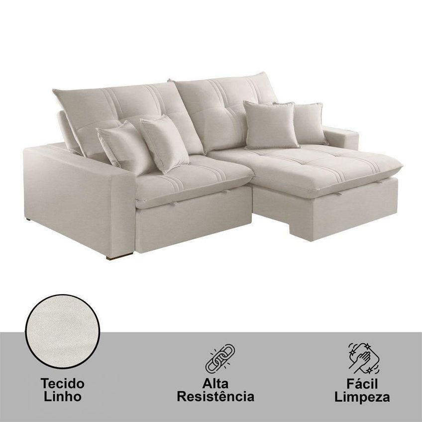Sofá Com Chaise A302 3 Lugares Retrátil 250cm Branco Linho Meu Sofá Online - imagem 4