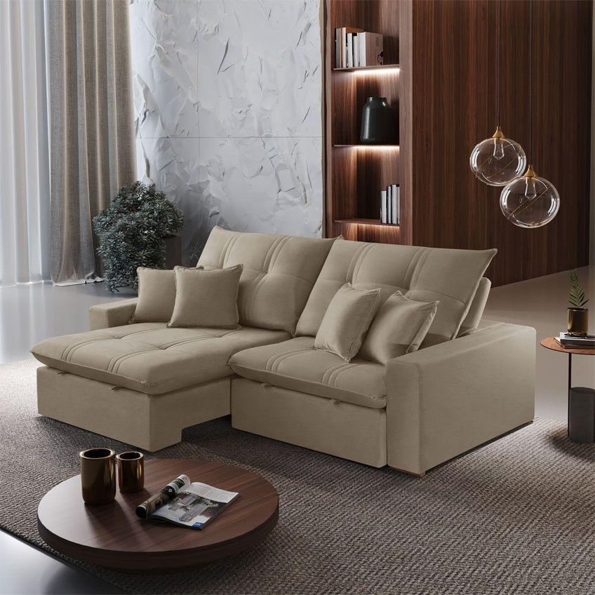 Sofá Com Chaise A226 4 Lugares Retrátil 290cm Bege Linho Meu Sofá Online - imagem 3
