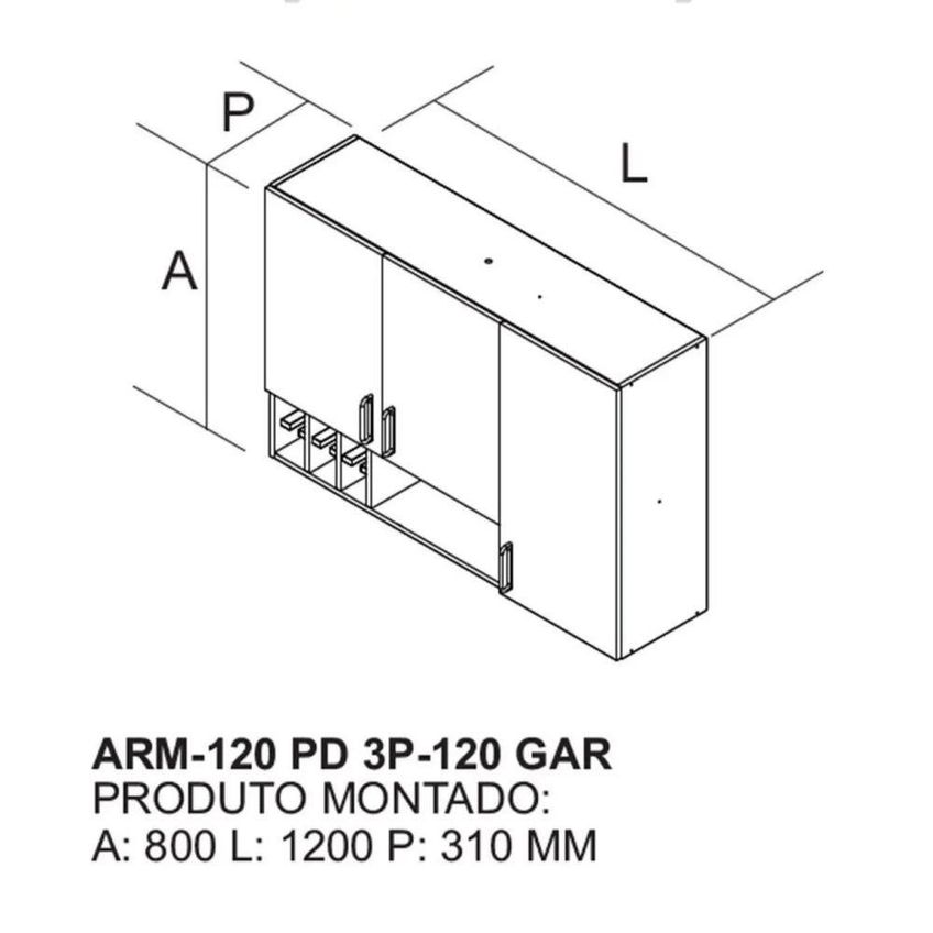 Armário Aéreo Essence 120cm 3 Portas MDF Porta de Bater Cinza Itatiaia - imagem 3