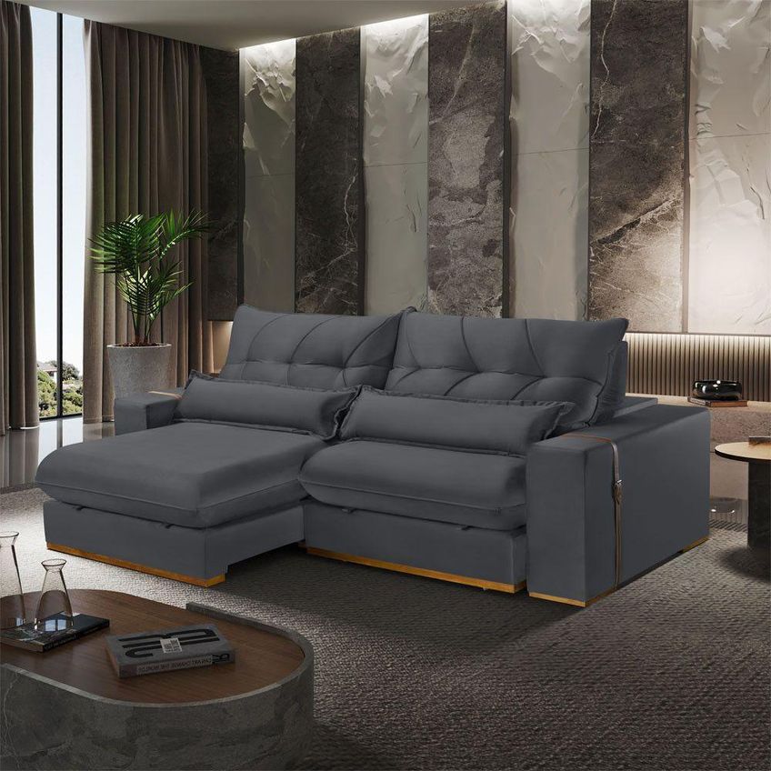 Sofá Com Chaise B010 3 Lugares Retrátil E Reclinável 230cm Cinza Escuro Veludo - imagem 3