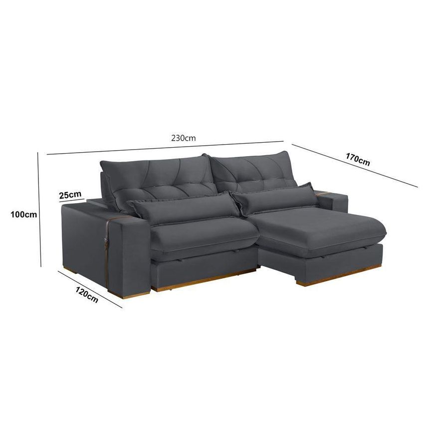 Sofá Com Chaise B010 3 Lugares Retrátil E Reclinável 230cm Cinza Escuro Veludo - imagem 5