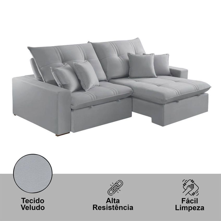 Sofá Com Chaise B026 3 Lugares Retrátil 210cm Prata Veludo Meu Sofá Online - imagem 5