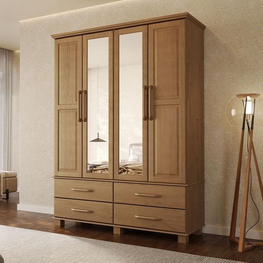 Guarda Roupa Solteiro Zahav F06 4 Portas De Bater 4 Gavetas Madeira Maciça Freijó Lyam Decor - imagem 4