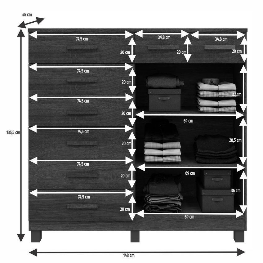 Cômoda Triunfo 8 Gavetas E 2 Portas MDP Puxador Madeirado Cinamomo E Off 148cm - imagem 3