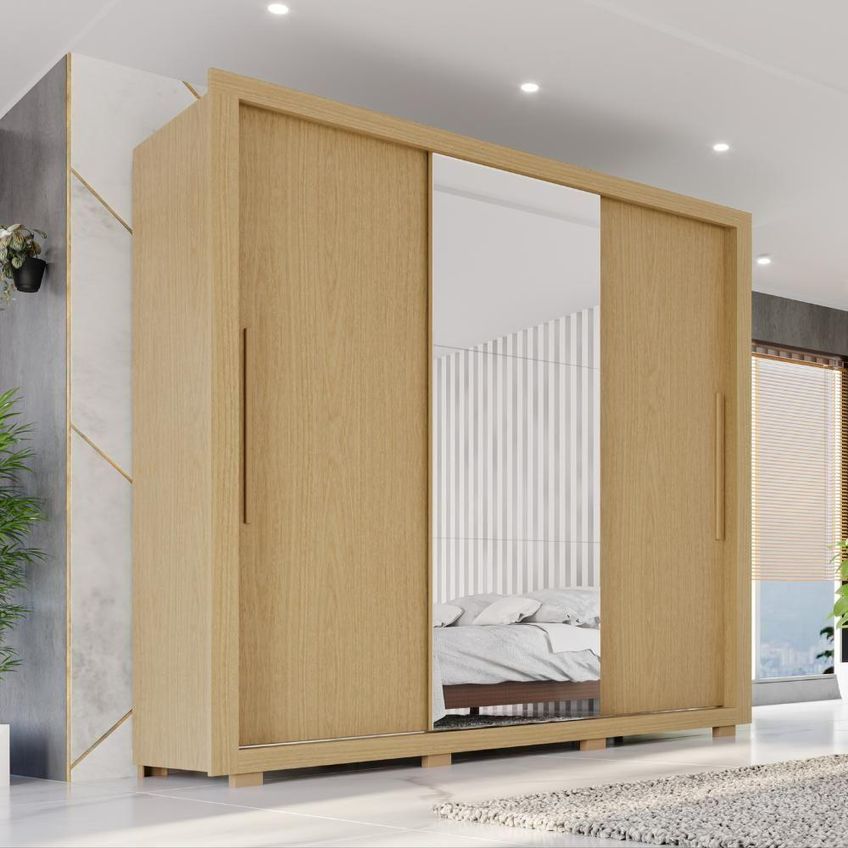 Guarda Roupa Casal Luna 3 Portas De Correr 4 Gavetas Mdf Mdp Com Espelho Amadeirado Ypê 185.5cm - imagem 3