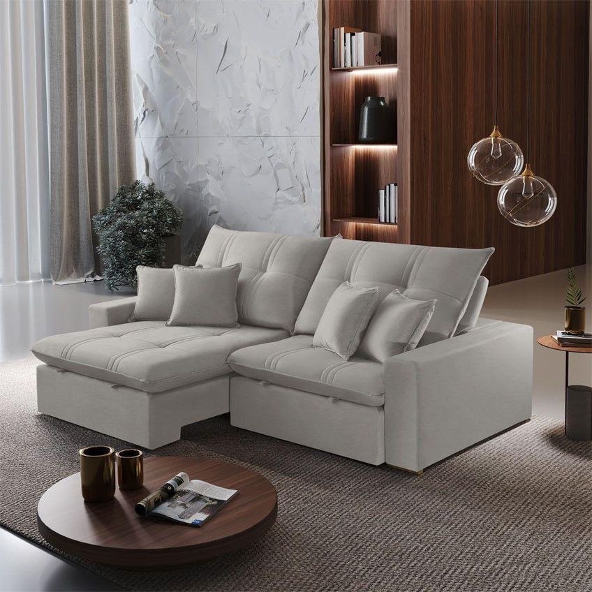 Sofá Com Chaise A304 3 Lugares Retrátil 250cm Cinza Claro Linho Meu Sofá Online - imagem 3