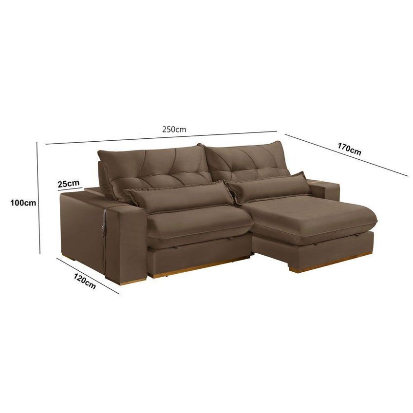 Sofá Com Chaise B016 3 Lugares Retrátil 250cm Marrom Veludo Meu Sofá Online - imagem 3