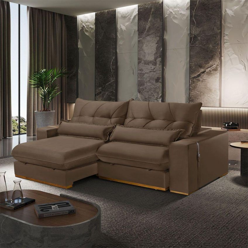 Sofá Com Chaise B016 3 Lugares Retrátil 250cm Marrom Veludo Meu Sofá Online - imagem 4