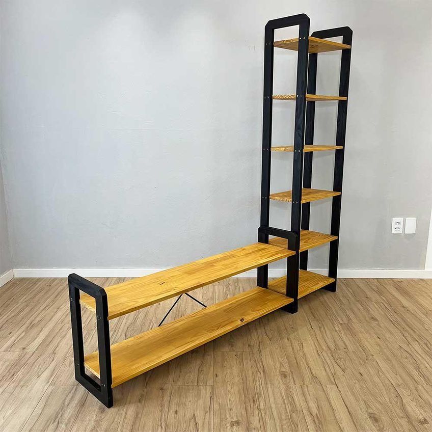 Rack TV Slim Linea 141,5cm Madeira Pinus Com Estante Nozes E Preto Artfactory Design - imagem 2