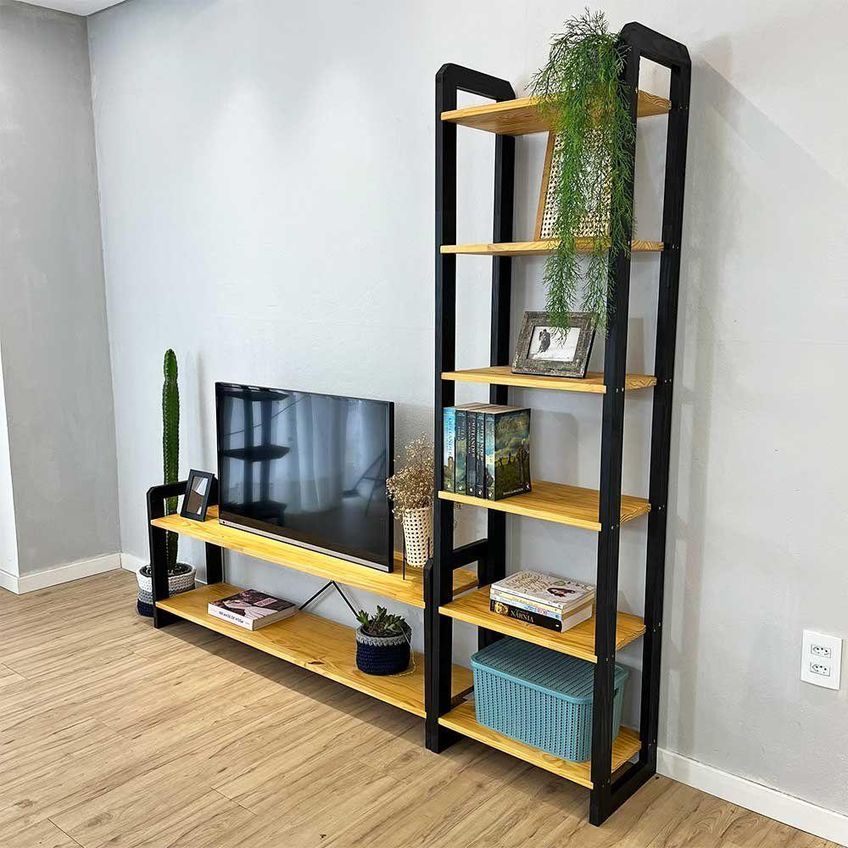 Rack TV Slim Linea 141,5cm Madeira Pinus Com Estante Nozes E Preto Artfactory Design - imagem 5