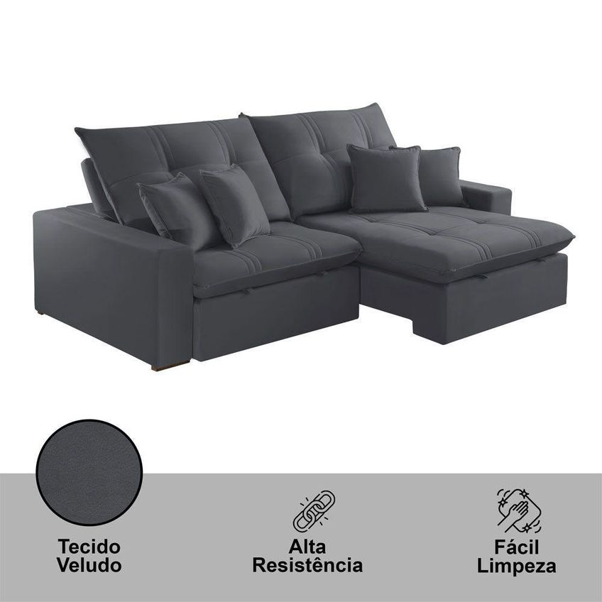 Sofá Com Chaise B010 3 Lugares Retrátil E Reclinável 210cm Cinza Escuro Meu Sofá Online - imagem 4