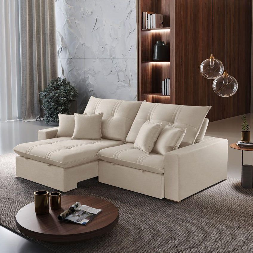 Sofá Com Chaise Império 3 Lugares Retrátil 250cm Creme Boucle Meu Sofá Online - imagem 5