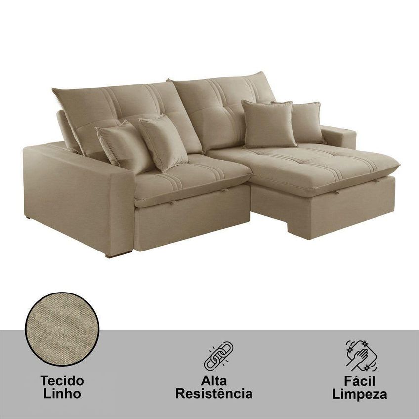 Sofá Com Chaise A226 4 Lugares Retrátil 250cm Bege Linho Meu Sofá Online - imagem 4