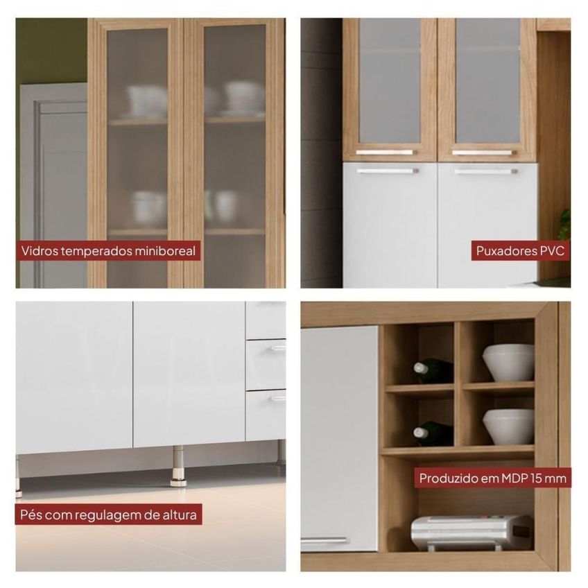 Armário De Cozinha Aspen 4 Portas 4 Gavetas Mdf-mdp 270cm Branco Ditália Móveis 4 Peças - imagem 3