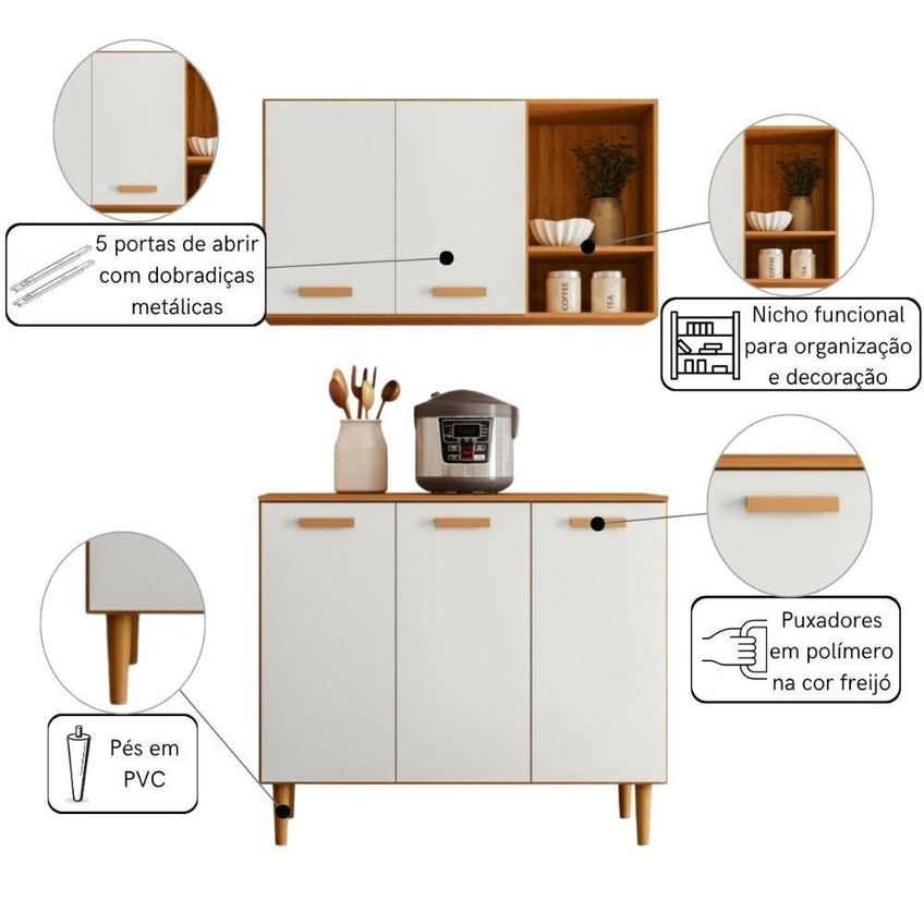 Kit Cozinha Susi 5 Portas MDF-MDP 91cm Freijó Off White Mais De Casa - imagem 4