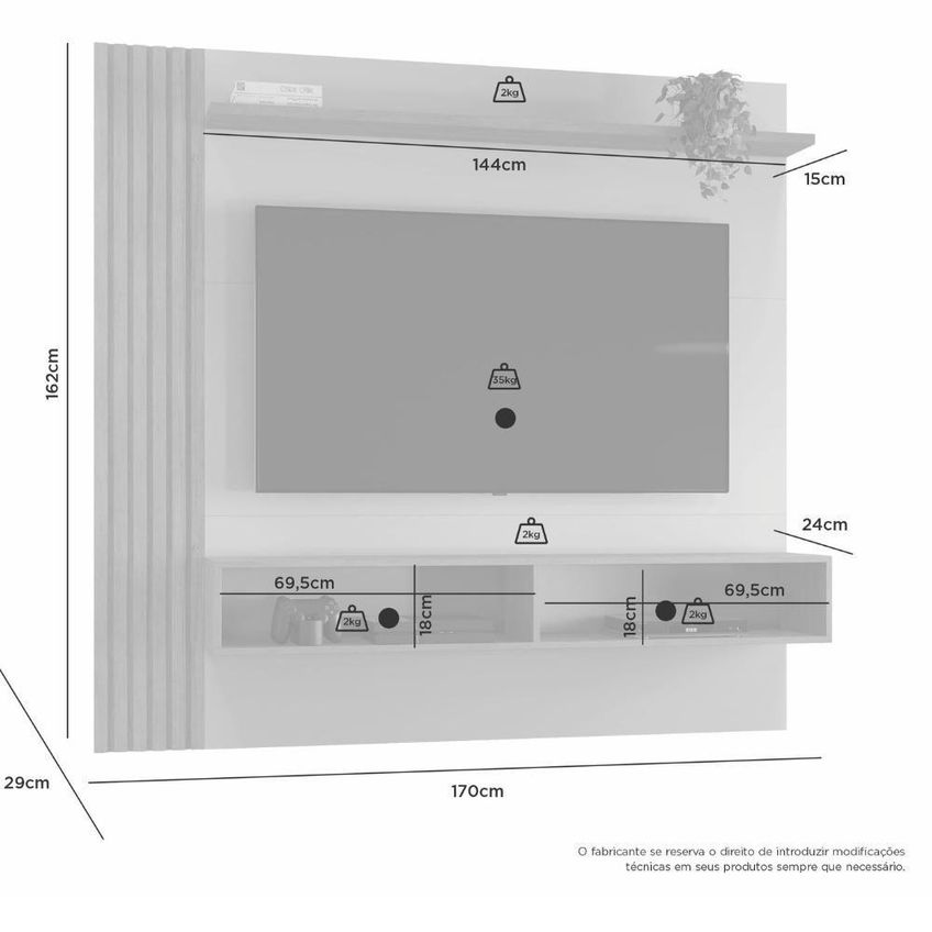 Painel Para TV Loki 65" 170cm MDP-MDF com Nicho Ripado LED Cinza Clin Off 170cm - imagem 3