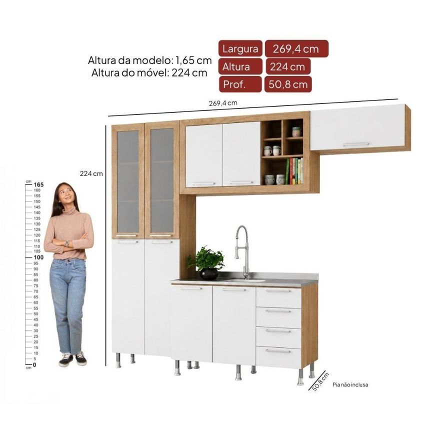 Armário De Cozinha Aspen 7 Portas 4 Gavetas MDF-MDP 270cm Cinza Ditália Móveis - imagem 3