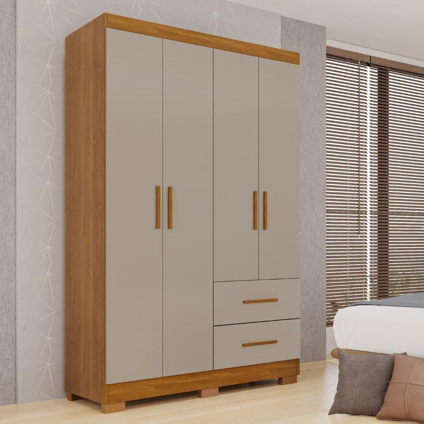 Guarda Roupa Casal Catar Premium 4 Portas 2 Gavetas Mdp Cinamomo-off Com Pés 150cm - imagem 2