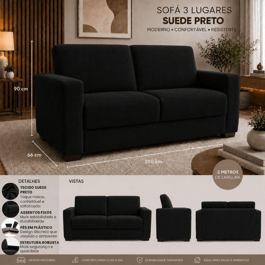 Sofá Namoradeira 3 Lugares Fixo 200cm Preto Suede Moderno Isa Estofados - imagem 4