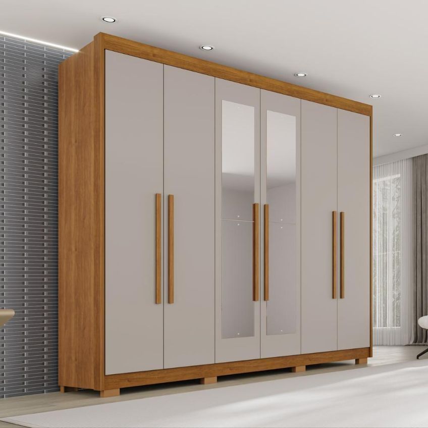 Guarda Roupa Casal Elegance Plus 6 Portas De Bater Com Espelho 2 Gavetas MDF Cinamomo-Off 240cm - imagem 3