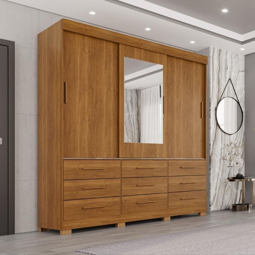 Guarda Roupa Casal Montreal 3 Portas 9 Gavetas MDF Com Espelho Cinamomo 180cm - imagem 2