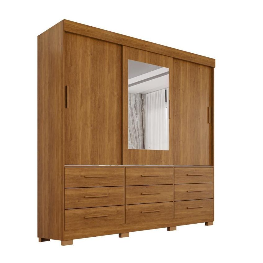Guarda Roupa Casal Montreal 3 Portas 9 Gavetas MDF Com Espelho Cinamomo 180cm - imagem 3