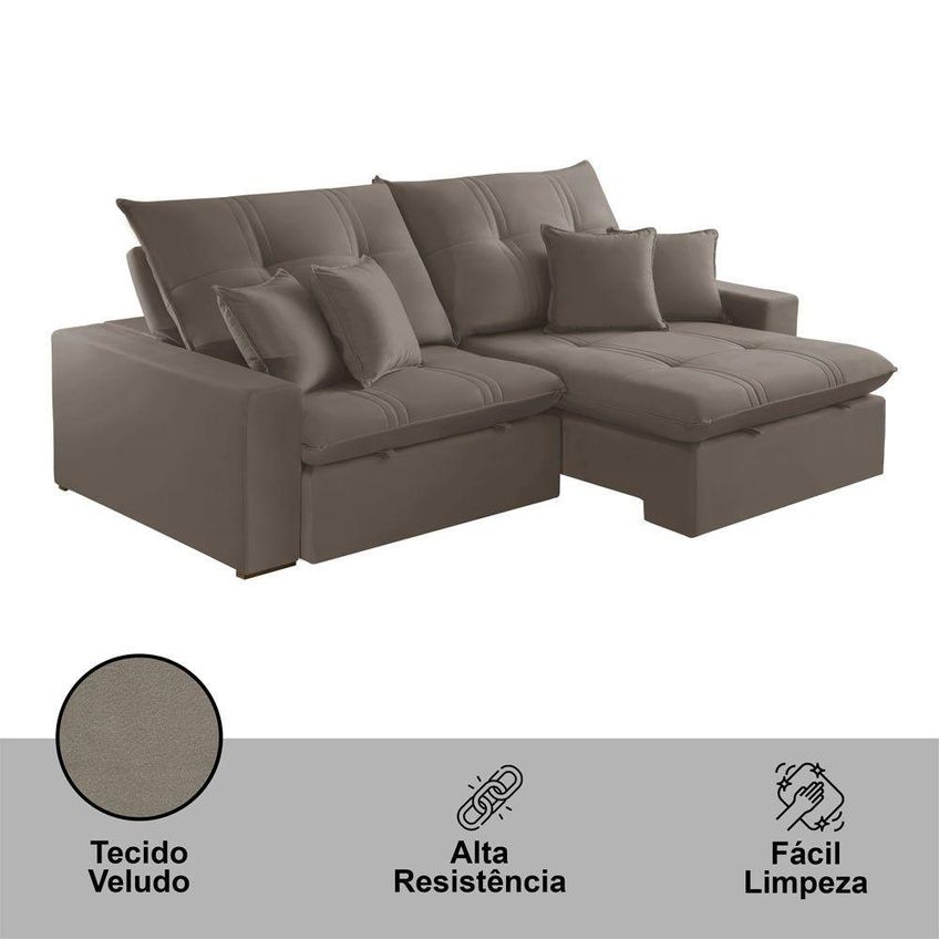 Sofá Com Chaise B002 3 Lugares Retrátil 210cm Café Veludo Meu Sofá Online - imagem 3