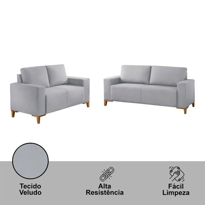 Sofá Milano 2x3 Lugares Fixo 150cm Prata Veludo Meu Sofá Online B026 - imagem 5