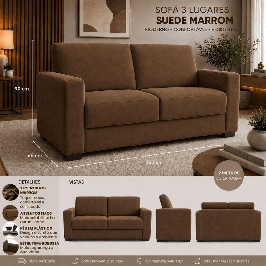 Sofá Namoradeira 3 Lugares 200cm Marrom Suede Fixo Para Recepção Isa Estofados - imagem 4