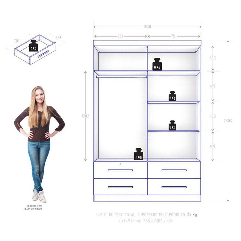 Guarda Roupa Solteiro Maximus 4 Portas Bater 4 Gavetas Mdp Jacarandá Fosco Zanzini Móveis 153,8cm - imagem 4