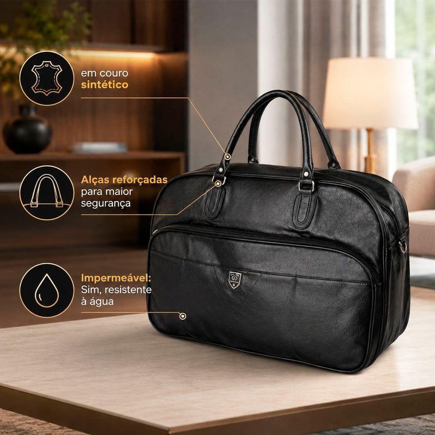 Bolsa De Viagem 55cm Poliéster Com Alça Zíper Bolsa De Viagem Preto Couro Cor & Cia - imagem 4