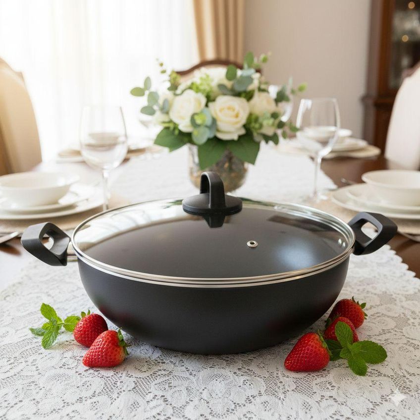 Panela Wok Grande Antiaderente 32cm 7,8l Com Tampa De Vidro Temperado Vermelha Docesar - imagem 3