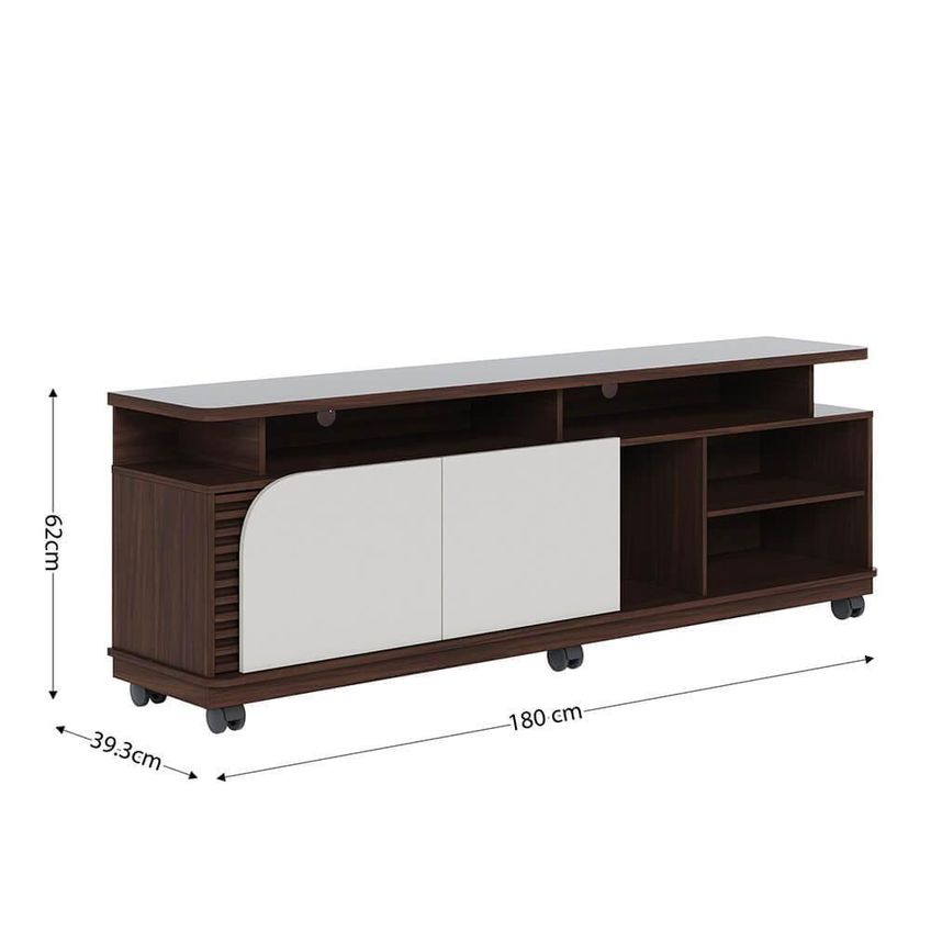 Rack Bancada Jurerê 1.8 Para Tv Até 75" 180cm Mdp Com Nicho E Rodízios Nogueira Real Off White - imagem 3