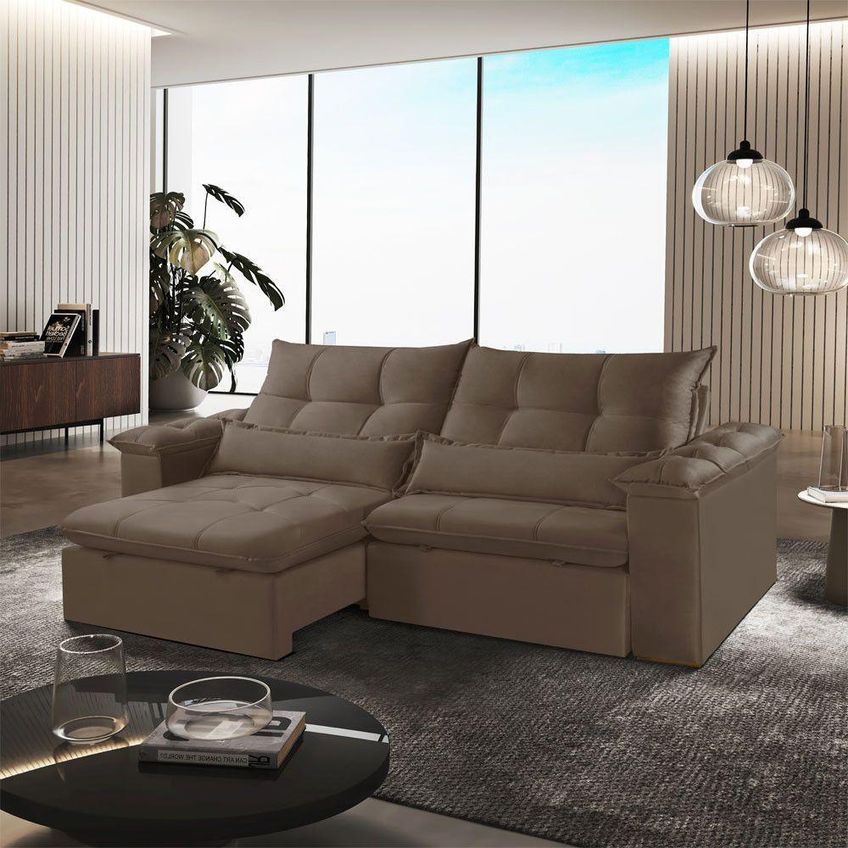 Sofá Com Chaise Exclusive 3 Lugares Retrátil 210cm Marrom Veludo Meu Sofá Online - imagem 3