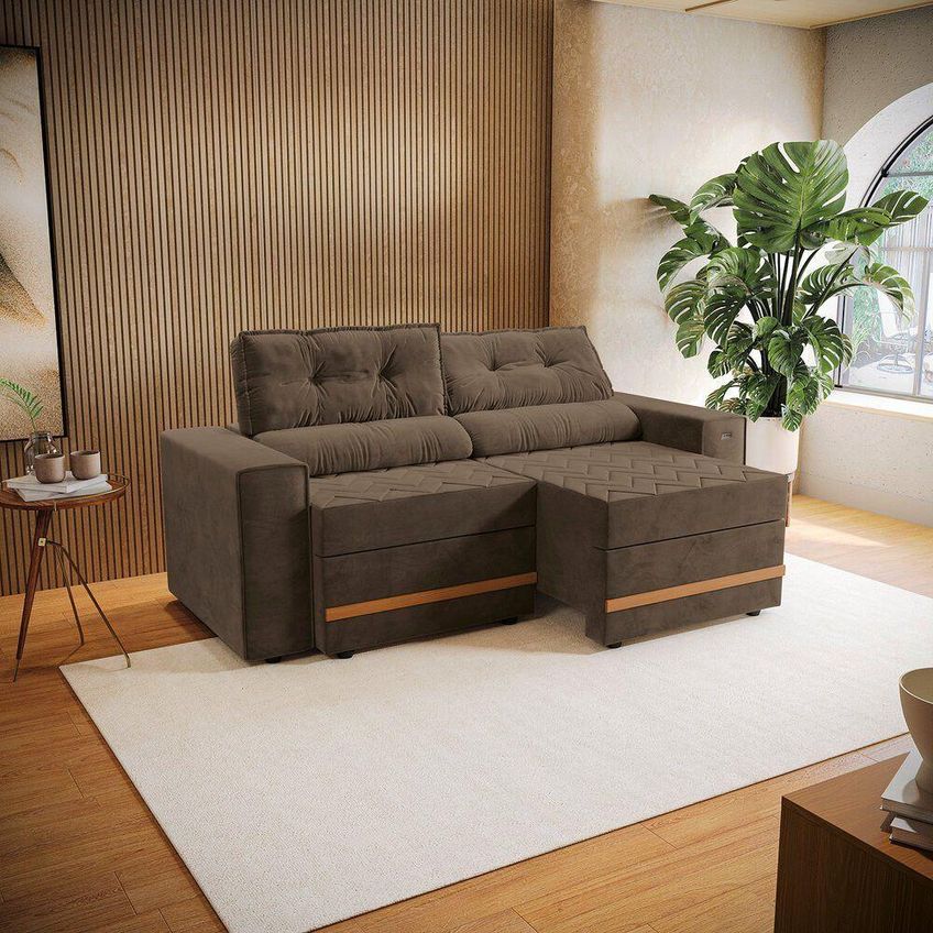 Sofá Com Chaise Havana 3 Lugares Retrátil 206cm Marrom Suede Kappesberg - imagem 3