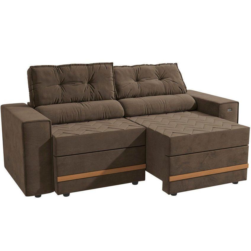 Sofá Com Chaise Havana 3 Lugares Retrátil 206cm Marrom Suede Kappesberg - imagem 5