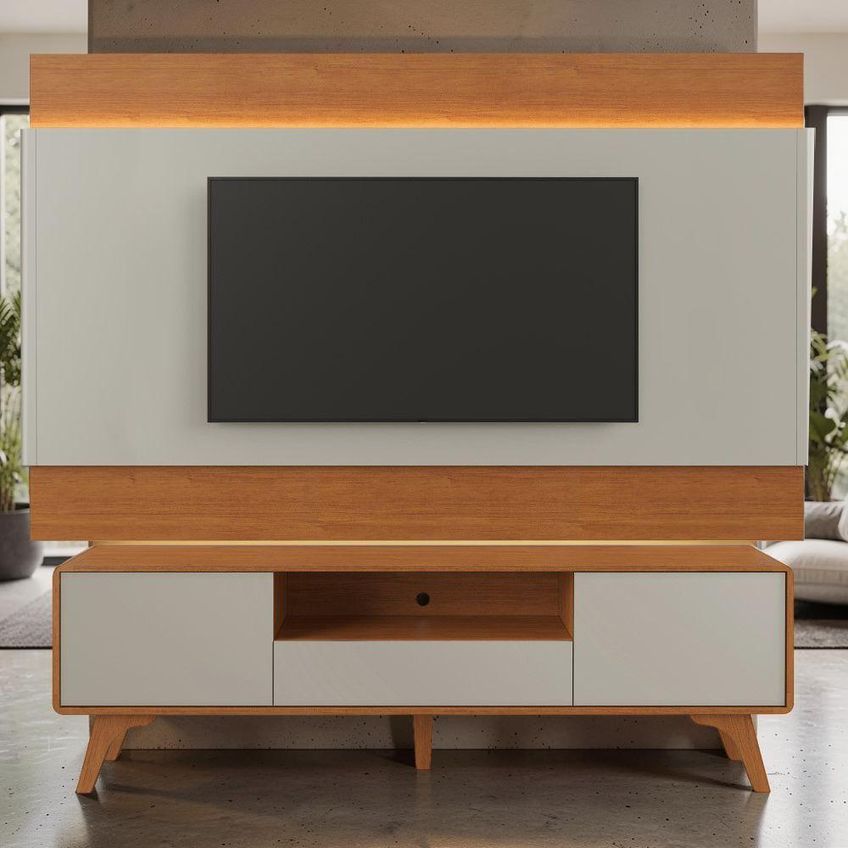 Painel E Rack Para TV 65" 225cm MDF Com Gaveta Off White Mavaular Móveis - imagem 3