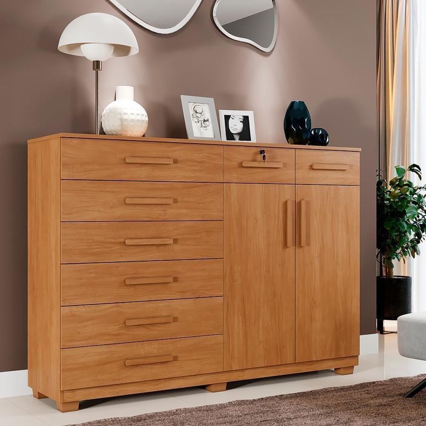 Cômoda Triunfo 8 Gavetas E 2 Portas MDP Puxador Madeirado Cinamomo 148cm - imagem 4