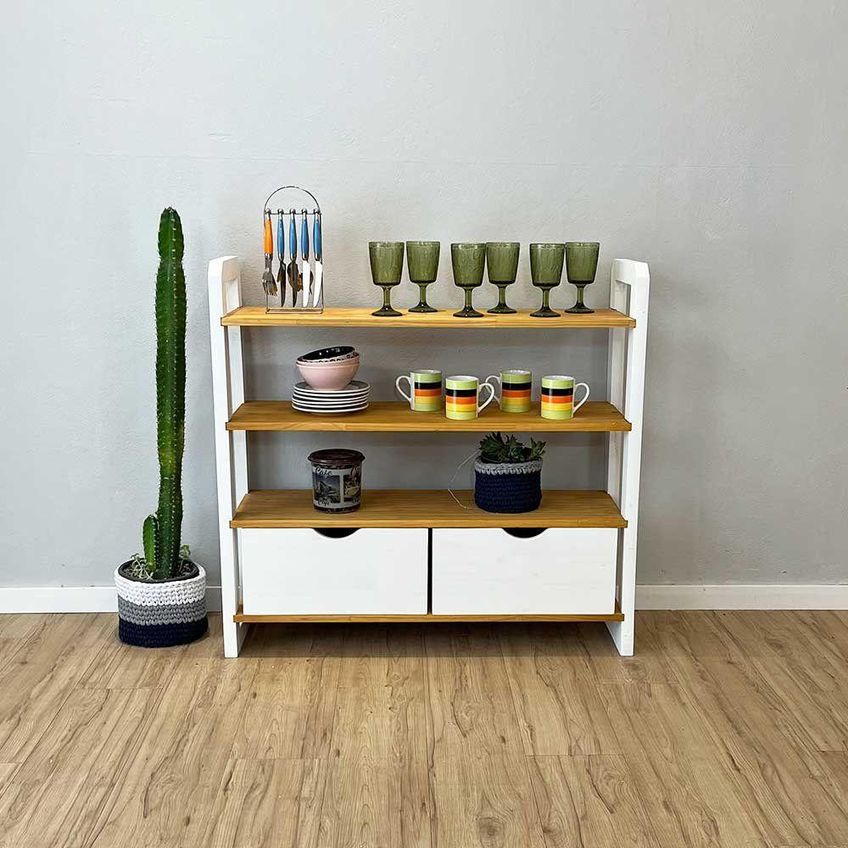 Aparador Linea Ample Moderno Sem Porta 2 Gavetas Madeira Maciça 100cm Nozes E Branco Artfactory - imagem 3