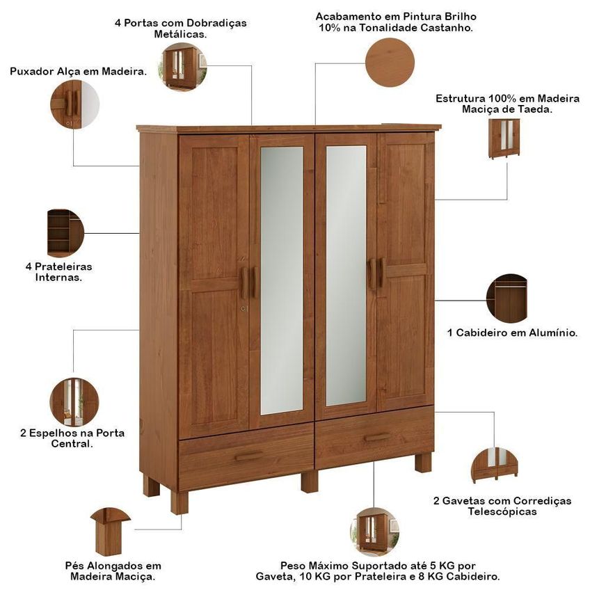 Guarda Roupa Solteiro Selena F06 4 Portas De Bater 2 Gavetas Madeira Maciça Castanho Lyam Decor - imagem 4