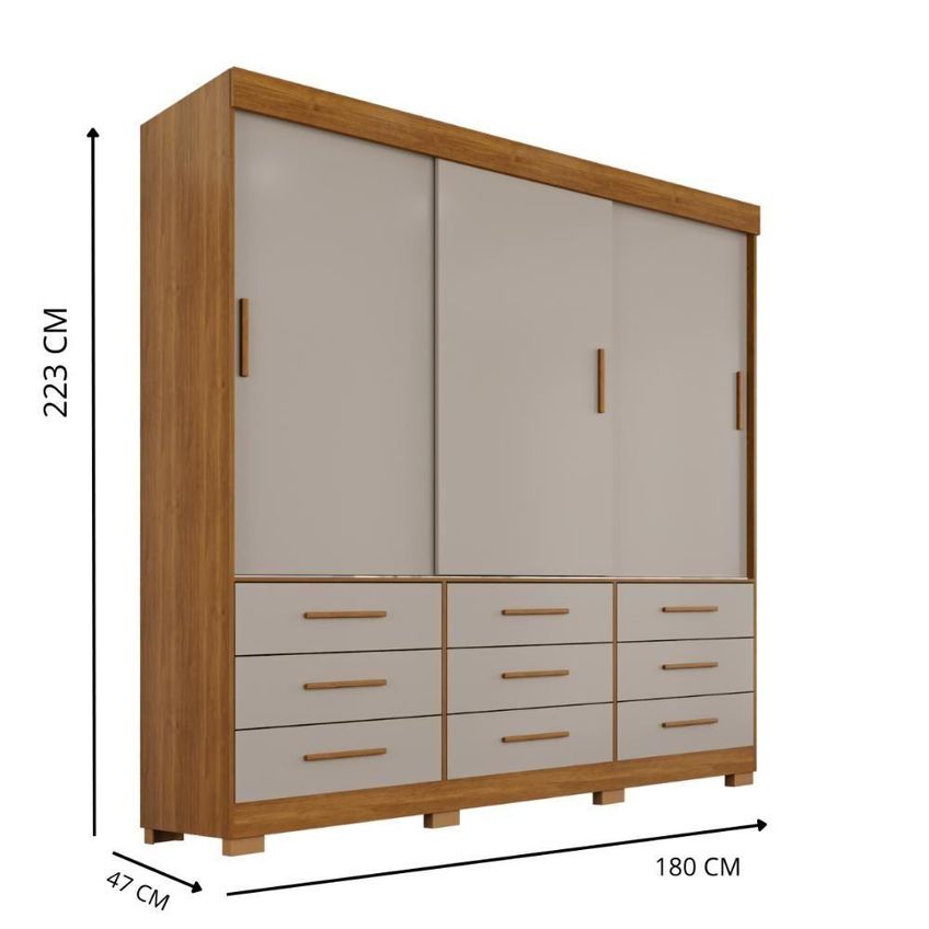 Guarda Roupa Casal Montreal 3 Portas De Bater 9 Gavetas Mdf Cinamomo-Off 180cm - imagem 2