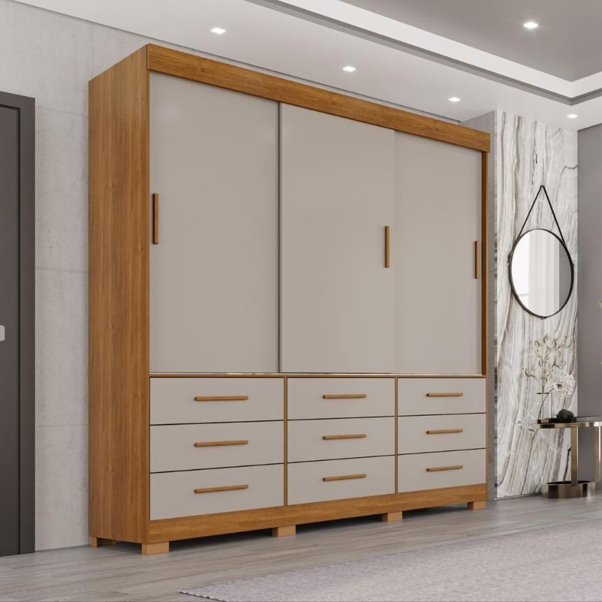 Guarda Roupa Casal Montreal 3 Portas De Bater 9 Gavetas Mdf Cinamomo-Off 180cm - imagem 3