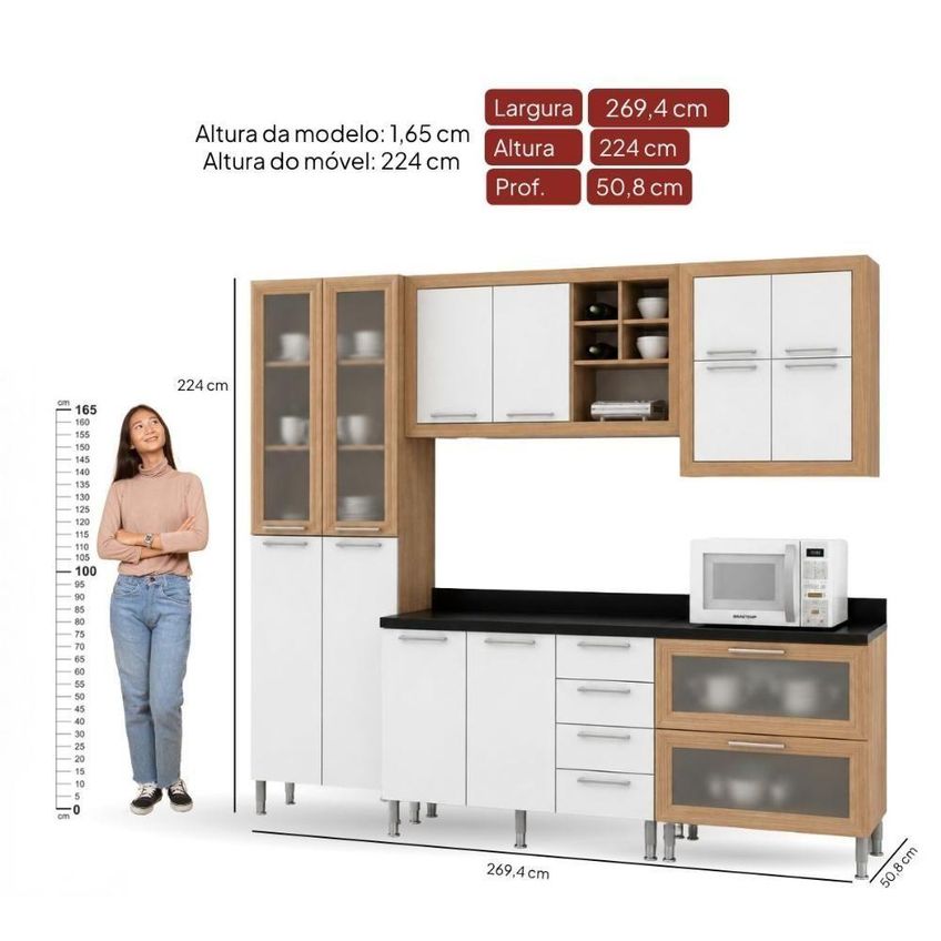 Armário De Cozinha Aspen 5 Pçs Com Tampo 270cm Branco Ditália Móveis - imagem 5